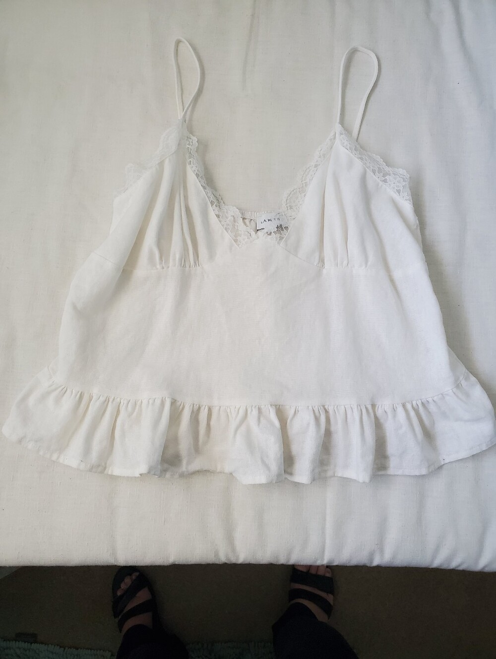 L.A. Hearts Womens White Lacey Neckline Linen Blend Ruffle Slip Crop Top Sz M